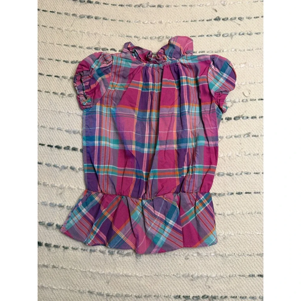 Ralph Lauren Toddler Girls 24M Plaid Ruffle Peplum Top Pink Purple Cotton Blouse